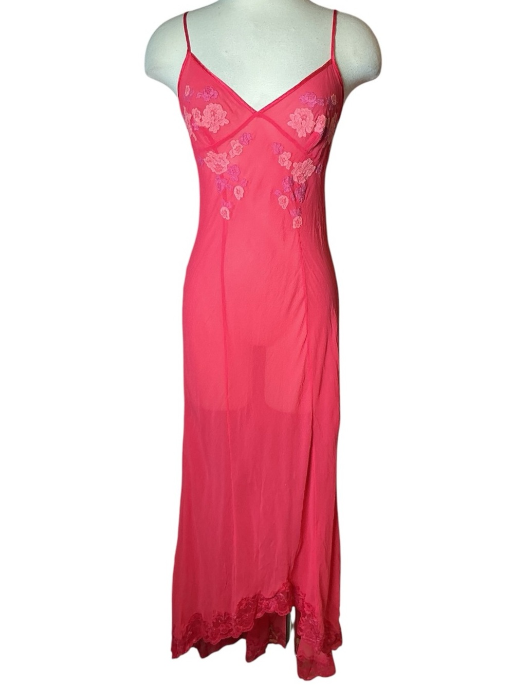 Y2K Victoria's Secret Silk Lace Trim Applique Maxi High Low Slip Dress